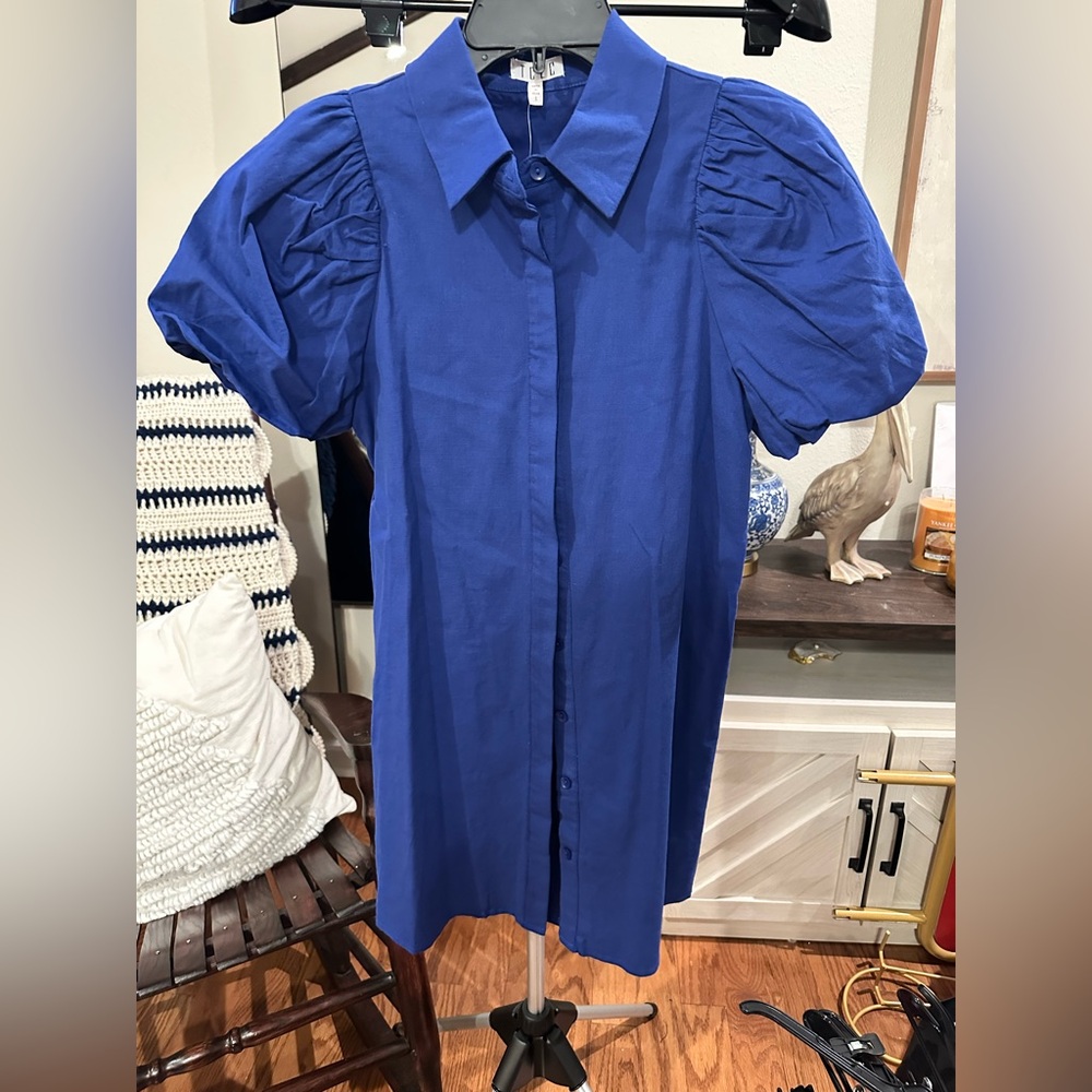Blue Puff Sleeve Button-Up Dress-no pockets